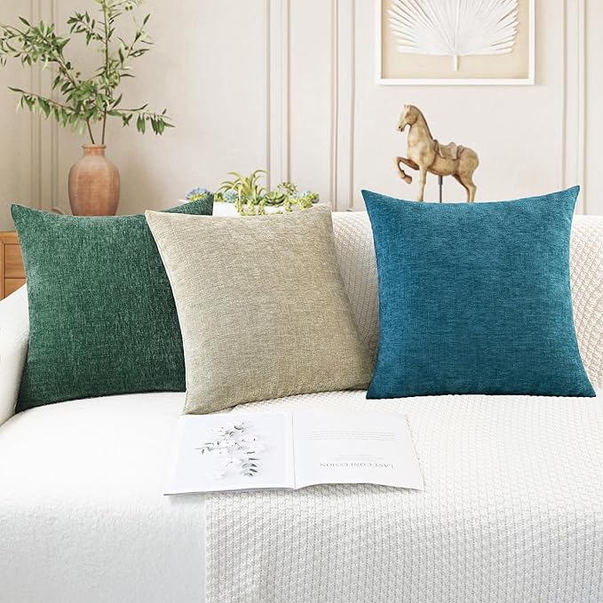 CaliTime Throw Pillow Covers Decorative 16 X 26 Inches Pack of 2 Cozy Chenille Cushion Cases for Couch Sofa Bed Living Room Home Dark Green