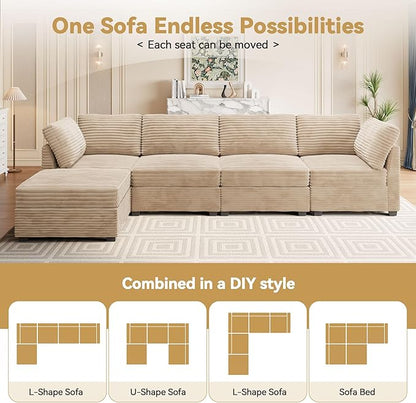 Modular Sectional Sofa, 130.7" L Shaped Couch Set for Living Room, 4-Seater Comfy Cloud Couches with Movable Ottoman, DIY Combination, Plush Corduroy, Beige