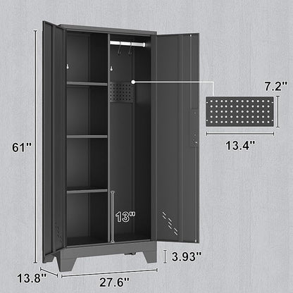 61" H Metal Storage Cabinet, Utility Cabinets with Locking Doors, Laundry Cabinet with Hanging Rod, Garage Tool Storage Cabinets for Home Office, Garage, Bathroom (Black)