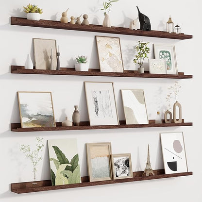 Picture Ledge Shelf for Wall, Floating Shelves Set of 4, 48 Inch Long Nursery Book Shelves for Toys Storage, Kids Bookshelf Wall Mounted for Books Photo Frames, Walnut