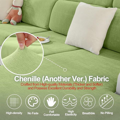 Chaise Cushion Cover for Sectional Sofa, Softer Chenille Sofa Cover for L Shaped Couch (Left or Right Facing), Stretch Chaise Couch Slipcover (Only 1 Piece, Green)