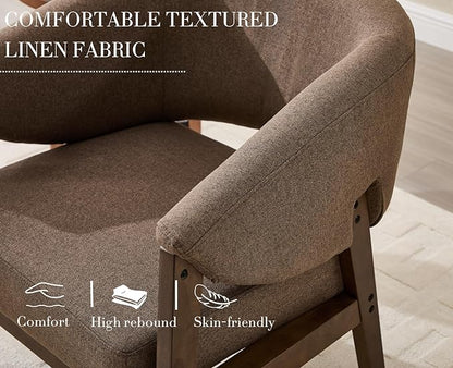 Mid-Century Modern Accent Chairs Set of 2, Comfy Barrel Armchairs with Wide Seat, Upholstered Lounge Chairs with Walnut Wood Legs for Living Room/Bedroom/Reading Corner, Linen Fabric, Brown