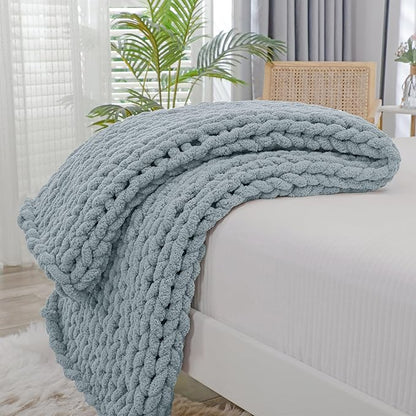 Bigacogo Chunky Knit Throw Blanket for Couch, 40x40 inches, 100% Hand Knitted with Thick Jumbo Chenille Yarn, Cozy Soft Large Rope Knot Cable Crochet Blankets for Sofa Bed Living Room, Dusty Blue