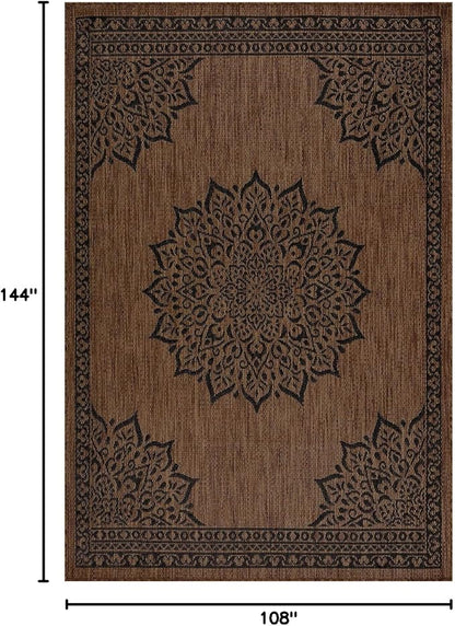 CAMILSON Outdoor Rug, 9x12 Medallion Nut Brown Black Modern Area Rugs for Large Indoor and Outdoor Patios, Kitchen and Hallway Mats, Washable Porch Deck Outside Carpet (Nut Brown Black, 9 x 12)