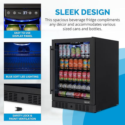 Newair 24" Beverage Refrigerator 177 Can Capacity, Black Stainless Steel Mini Fridge with Built-in Cooler and Glass Door, Cool your Soda, Beer, and Beverages to 37F