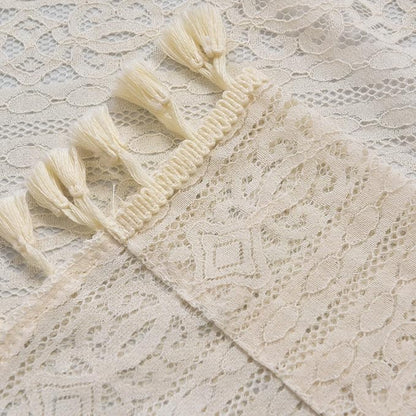 Sutuo Home Boho Sheer Curtain Valance Crochet Lace with Bohemian Hollow Knitted Handmade Tassels, Short Rustic Window Treatment for Kitchen Cafe, Rod Pocket, 1 Panel 59" W x 24" L,Beige
