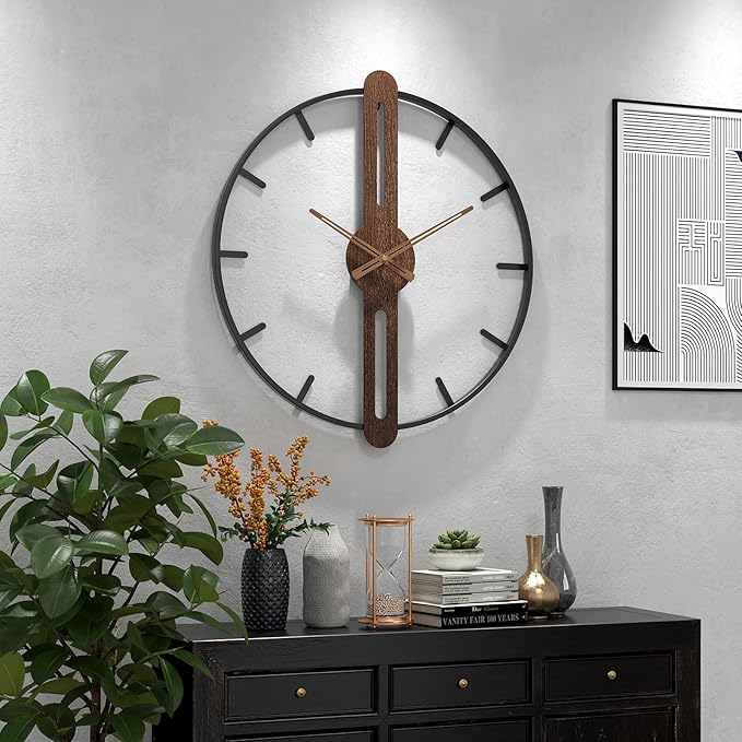 Modern Walnut Dial Wall Clock, Wood Large Wall Clock Decor Metal Frame Silent Non Ticking for Living Room, Bedroom, Kitchen, Study Decoration, Handmade Home Gift Idea, 28 in (70 cm)