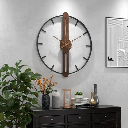 Modern Walnut Dial Wall Clock, Wood Large Wall Clock Decor Metal Frame Silent Non Ticking for Living Room, Bedroom, Kitchen, Study Decoration, Handmade Home Gift Idea, 28 in (70 cm)