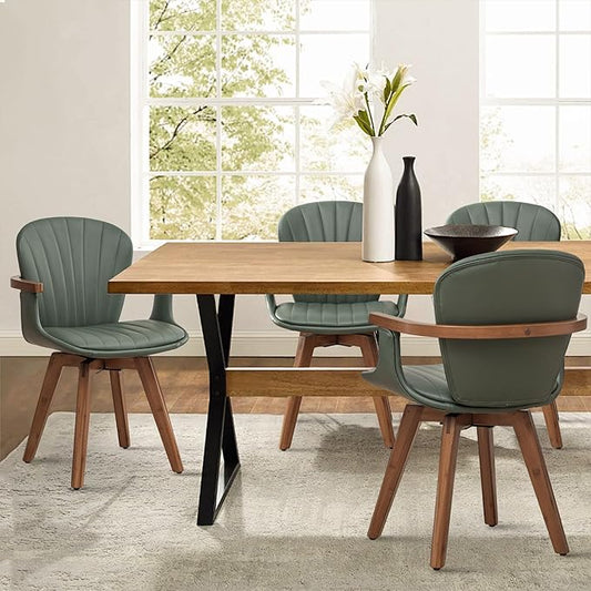 LUNLING Swivel Dining Chairs Set of 4, Mid Century Modern Green Faux Leather Kitchen Chairs with Arms,Bamboo Legs Side Chairs No Wheels,Accent Chair for Dining Rooms and Offices