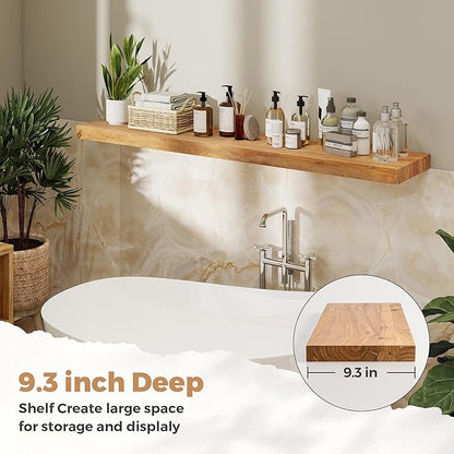 RICHFOCUS Elm Floating Shelves for Wall - 48" W x 9.3" D Rustic Solid Wood Shelves with Invisible Bracket, Wall-Mounted for Living Room, Bedroom, Kitchen Storage & Display, Set of 1, Natural