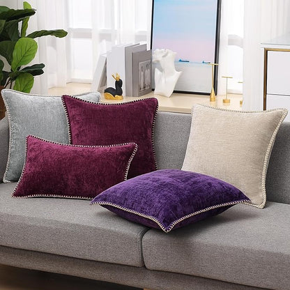 decorUhome Chenille Soft Throw Pillow Covers 24x24 Set of 2, Farmhouse Velvet Neutral Decorative Euro Pillow Covers with Stitched Edge for Couch Sofa Bed Home Decor, Rhododendron