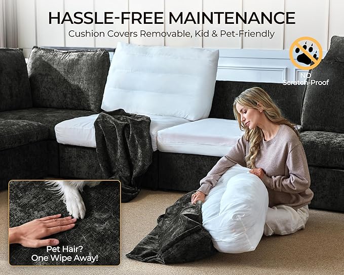 Oversized Modular Sofa Comfy Cloud Couch with Storage, Extra Deep Plush Sectional Sofa Set for Living Room, Covers Washable, Chenille, Olar (Black, 6-seatser with Corner & Ottoman, v-Shaped)