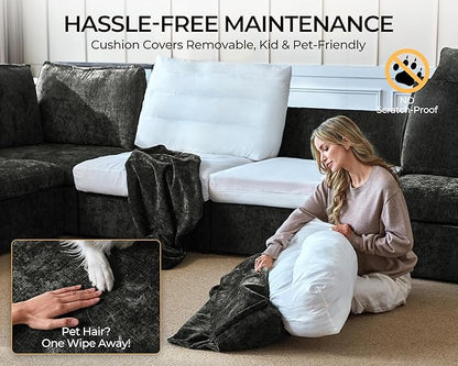 Oversized Modular Sofa Comfy Cloud Couch with Storage, Extra Deep Plush Sectional Sofa Set for Living Room, Covers Washable, Chenille, Olar (Black, 4-Seater with Ottoman, l-Shaped)