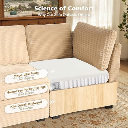 Modular Sectional Sofa, 130.7 Inch U Shaped Couch Set for Living Room, 4-Seater Comfy Cloud Couches with Two Movable Ottoman, DIY Combination, Plush Corduroy, Beige