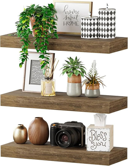 BAMEOS Floating Shelves, 16x6 Wall Mounted Wooden Shelves with Invisible Brackets Set of 3, Hanging Wall Shelves Decoration for Bedroom, Bathroom, Living Room and Kitchen