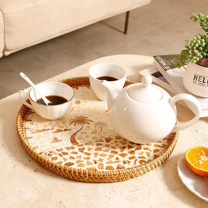 Round Rattan Tray with Mother of Pearl Inlay & Wooden Base - Decorative Wicker Serving Tray for Coffee/Bread/Fruits, Food Storage & Display - Multipurpose Home Decor (M,Island)