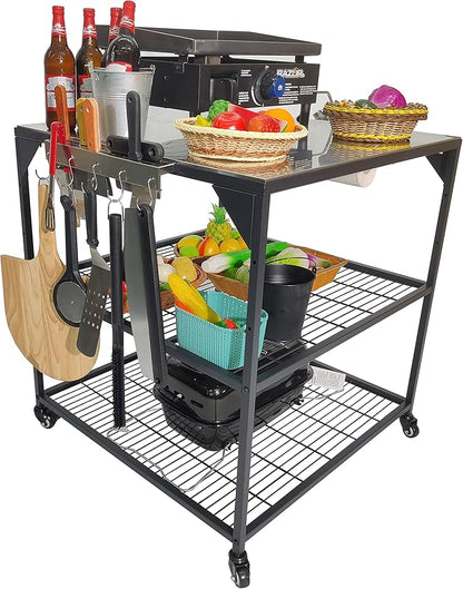 Stainless Steel 3-Tier Mobile Cart for Outdoor Grills & Pizza Ovens