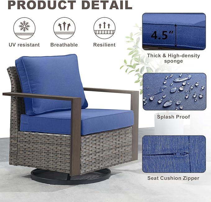 Outdoor Wicker Patio Furniture Set - 6 Piece Patio Conversation Set with 2 Wicker Swivel Rocker Chairs,2 Rattan Ottoman,1 Side Table and 1 Couch,Thick Cushions,Deep Seating(Mixed Grey/Blue)