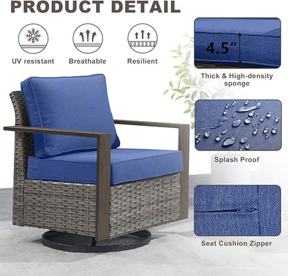 Outdoor Wicker Patio Furniture Set - 6 Piece Patio Conversation Set with 2 Wicker Swivel Rocker Chairs,2 Rattan Ottoman,1 Side Table and 1 Couch,Thick Cushions,Deep Seating(Mixed Grey/Blue)