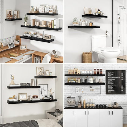 RICHFOCUS 31.5Inch Floating Shelves for Wall 2 Pack Shelves for Bedroom|Kitchen|Bathroom Wall Mounted Rustic Wood Floating Shelf with Invisible Brackets for Books|Storage|Decor, Black