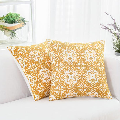 HWY 50 Mustard Yellow Decorative Throw Pillow Covers 18x18 Inch, Pack of 2 Embroidered Cotton Farmhouse Cushion Cover Pillow Case for Sofa Couch Living Room Bed Bedroon, Modern Pattern