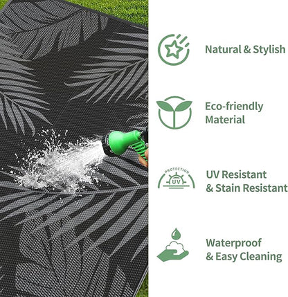 GENIMO Outdoor Rug 9' x 12' Waterproof for Patios Clearance, Reversible Outdoor Plastic Straw Camping Rug Carpet, Large Area Rugs Mats for RV, Camper, Deck, Balcony, Porch, Beach, Picnic, Black&Grey