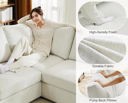 L Shaped Sectional Sofa with Ottoman,Rolled Armrest,Modern Sectional Modular Couch for Living Room,Breathable Linen Fabric Corner Couch with 7 Seats for Apartment,Removable Sofa Cushion,Ivory