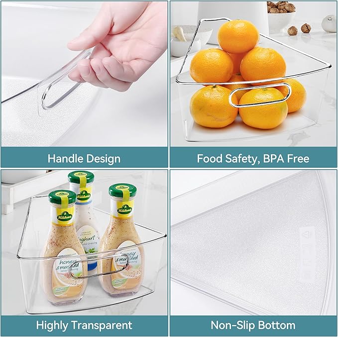 Oubonun Lazy Susan Organizers Set of 8, 10.2”x 9.4”x 4” Plastic Transparent Kitchen Cabinet Storage Bins with Handle, 4" Deep Container, 1/8 Wedge - Food Safe, without BPA