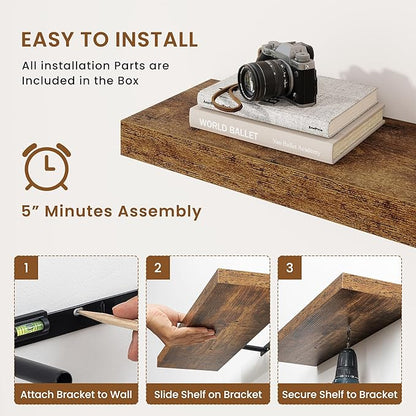 fuqing Floating Shelves for Wall, Bathroom Shelf Wall Mounted for Storage, Shelves with Invisible Bracket for Bedroom, Kitchen, Living Room, Farmhouse Small Book Shelf, 16 Inch Set of 2, Rustic Brown