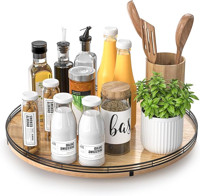 16" Lazy Susan Oak Wood Turntable Organizer for Cabinet, Farmhouse Round Wooden Large Lazy Susan Organization and Storage for Dining Table, Pantry, Kitchen, Bathroom, Countertop, Cupboard, Home Decor