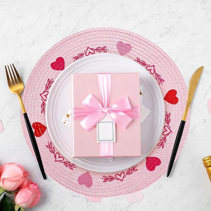 Whaline 4Pcs Round Valentine Placemats Red Pink Heart Embroidered Place Mats Decorative Dinner Table Mats for Home Wedding Anniversary Party Decor