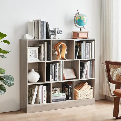 LEYAOYAO 10 Cube Bookshelf with Base,3 Tier Mid-Century Modern Grey Bookcase,Standing Wide Bookshelves Storage Organizer Shelf,Rustic Wood Display Cabinet Book Shelves for Bedroom,Living Room,Office