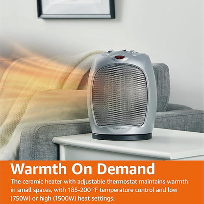 Amazon Basics Oscillating Ceramic Space Heater, Portable Indoor Heating Solution, With Overheat and Tip-Over Protection, Thermostat, 1500W, 7.52"D x 6.34"W x 9.45"H, Silver