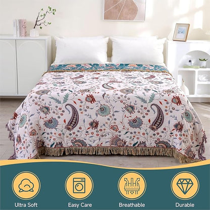 Boho Throw Blanket for Bed,100% Ultra Cotton Soft Breathable Bed Throw Floral Printed Farmhouse Decor Rustic Bed Throws for Couch Sofa Quilt White Flowers 60" x 80"