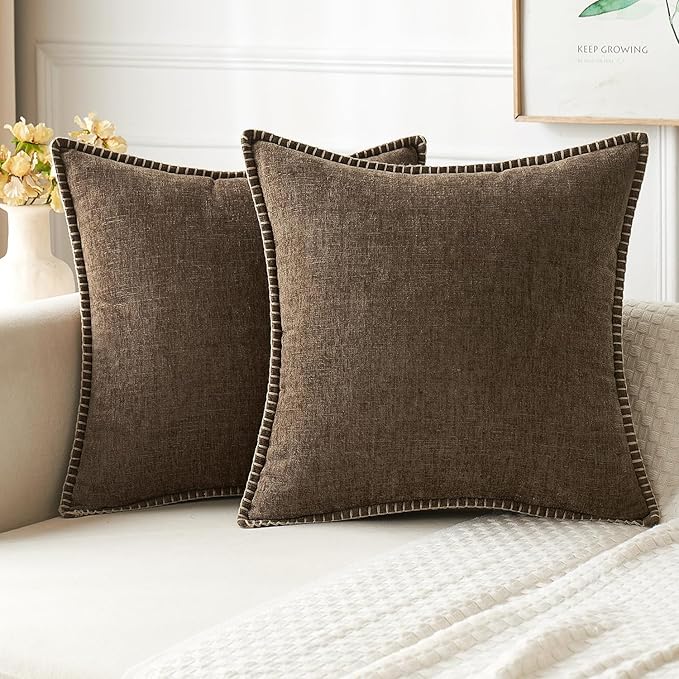 MIULEE Pack of 2 Couch Throw Pillow Covers 16x16 Inch Brown Farmhouse Decorative Pillow Covers with Stitched Edge Soft Chenille Solid Dyed Spring Pillow Covers for Sofa Bed Living Room