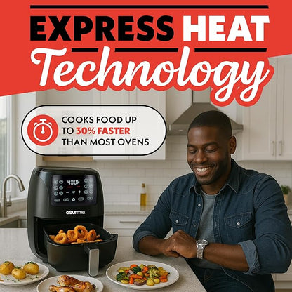 Gourmia Air Fryer Oven Digital Display 4 Quart Large AirFryer Cooker 12 1-Touch Cooking Presets, Black and Stainless Steel Accents Fry Force GAF486