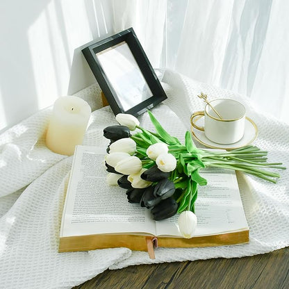 Mandy's Artificial Tulips 20 Stems Black and White PU Faux Flowers for Wedding Home Decor 13.5 Inch