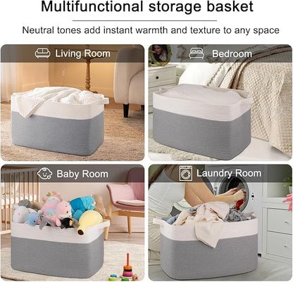 OIAHOMY 95L Blanket Basket, 24”x17”x14”, Large Woven Baskets for Storage, Nursery Cotton Rope Basket with Handle, Living Room, Nursery, Bedroom,Toy Baskets Organizer Bins, Grey & White