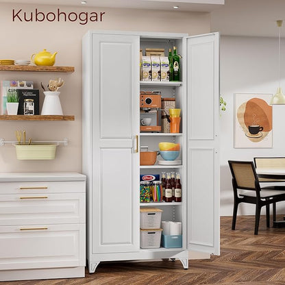 75" Kitchen Pantry Cabinet, White Metal Storage Cabinets with 2 Doors and 4 Adjustable Shelves, Tall Pantry Storage Cabinet for Kitchen, Dining Room, Living Room
