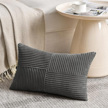 Fancy Homi 2 Packs Dark Gray Long Lumbar Decorative Throw Pillow Covers 12x24 Inch for Couch Bed Sofa, Rustic Farmhouse Boho Home Decor, Soft Striped Corduroy Rectangle Accent Cushion Case 30x60 cm
