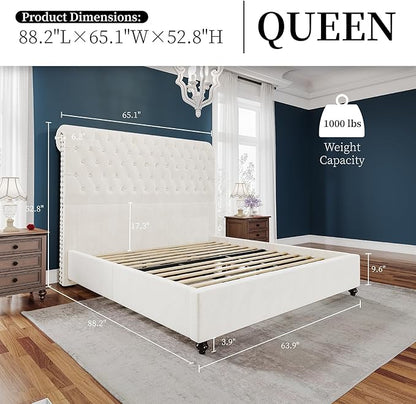 PaPaJet Bed Frame Queen Size Upholstered Platform Bed with 52.8'' Tall Sleigh Headboard, Button Tufted, No Box Spring Needed, Easy Assembly, Cream