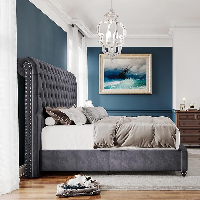 PaPaJet Bed Frame Queen Size Upholstered Platform Bed with 52.8'' Tall Sleigh Headboard, Button Tufted, No Box Spring Needed, Easy Assembly, Dark Grey