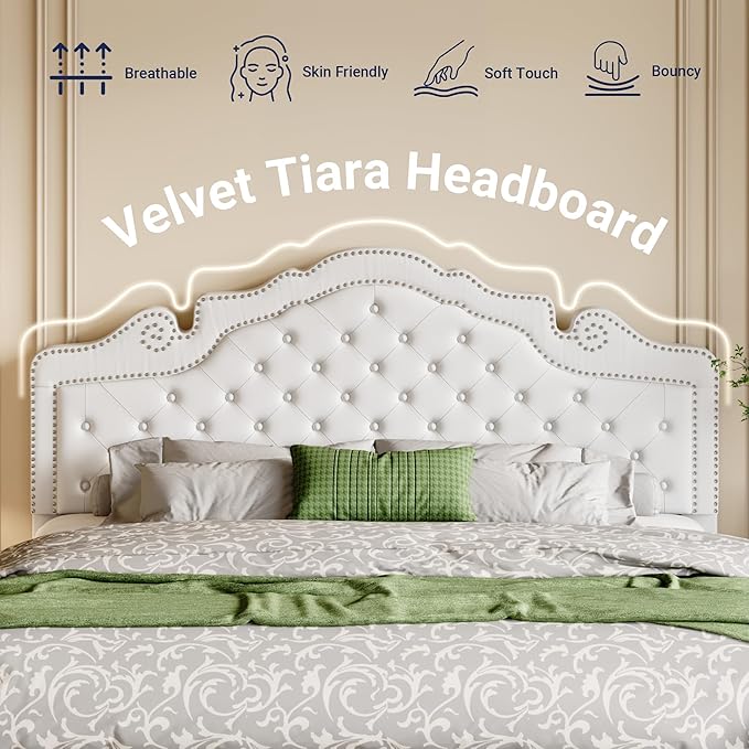 Allewie King Bed Frame with Adjustable Velvet Tiara Headboard, Upholstered Diamond Button Tufted Platform Bed, Wood Slats Support, No Box Spring Needed, Mattress Foundation, Easy Assembly, White