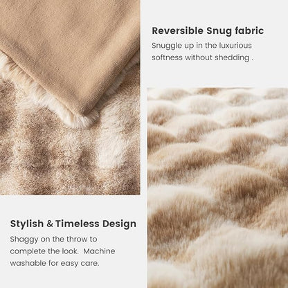 Cozy Bliss Faux Fur Throw Blanket for Couch, Fuzzy Soft Plush Thick Bubble Blanket for Sofa Bedroom Living Room, 50 * 60 Inches Tie-dye Beige