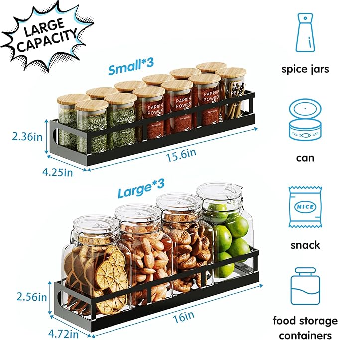 X-cosrack 6-Tier Wall-Mounted Spice Rack Organizer with Mixed Basket Sizes, Height-Adjustable Hanging Spice Shelf for Kitchen Pantry Cabinet, Large-Capacity Seasoning Holder, Black