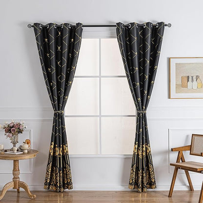 Grommets Blackout Long Window Curtains Black Gold-52W*84L 2PCS Drapes for Bedroom