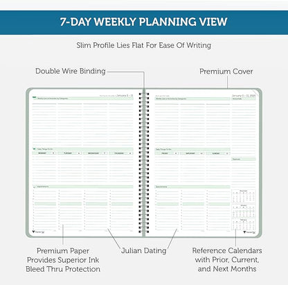 Planner Pad Spiral Bound January-December 2026/ Calender Year 8 1/2" x 11" Large 3-Tier Funnel Down 12 Month Organizer, Greenish Grey Cover/Soft Green Ink