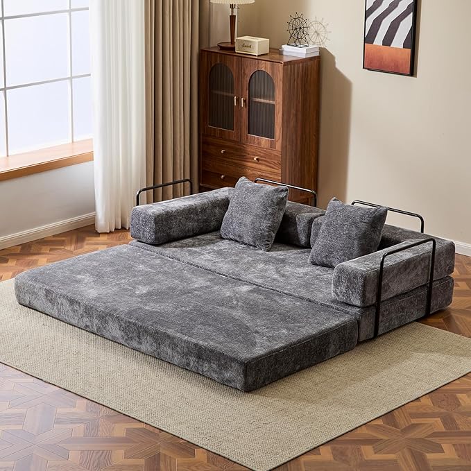 Convertible Sleeper Sofa Bed, Compression Folding Sofa with Pillow, No Assembly Required, Shape Frame, Floor Sofas Lounge Couch for Living Room, Bedroom, Small Spaces(Chenille, 77''W, Dark Grey)