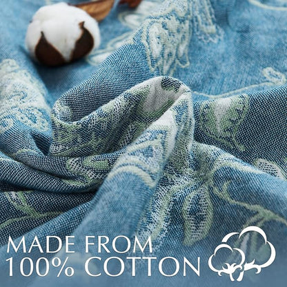 jinchan Boho 100% Cotton Muslin Twin Size 60x80 Inches Blanket Lightweight 4-Layer Quilted Soft Blue and White Floral Throw Blanket Green Accents Reversible Comfy Flower Summer Couch Bedroom Decor