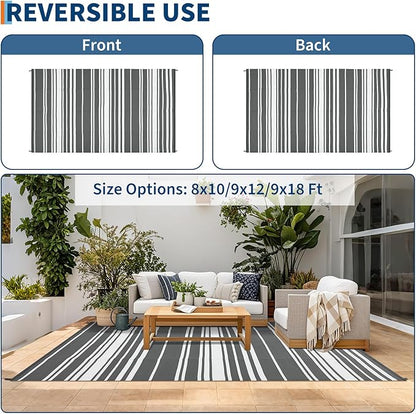 Outdoor Patio Rug 9x12 Stain-Resistant Reversible Camping Mat, Modern Striped Outdoor Plastic Straw Rug, Waterproof Outside Carpet, Easy to Clean for RV, Porch, Deck, Balcony, Grey